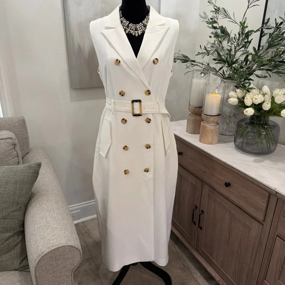 NWT Riva White Double-Breasted Sleeveless Trench Dress - Picture 1 of 14